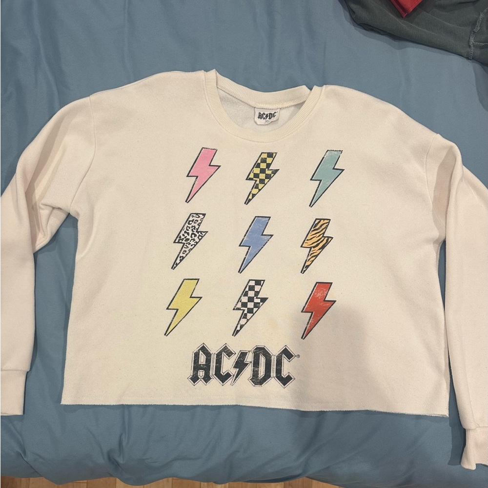 AC/DC White Cropped Crewneck with Multicolor Lightning Bolts